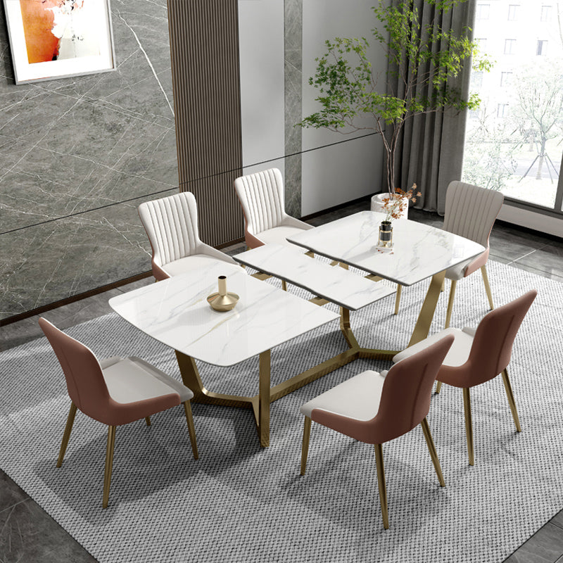 Glam 1/4/5/7 Pieces Scalable Dinette Set with Sintered Stone Rectangle Dining Table Set 7 Pieces: Table, 6 White Chairs Clearhalo 'Dining Room Sets' 'Dining Tables & Seating' 'dining_room_set' 'furn' 'furn_dining_room_set' 'Furniture' 'furniture_dining_room_set' 'Kitchen & Dining Furniture' 4940722