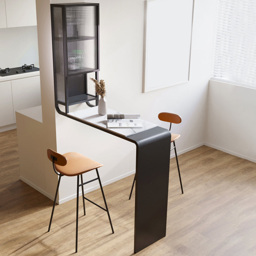 Stone Bar Dining Table Modern Bar Table with Pedestal and Glass Cabinet for Dining Room 61"L x 15.7"W x 80.7"H Black Without Chairs Clearhalo 'Bar Furniture' 'Bar Tables' 'bar_tables' 'furn' 'furn_bar_tables' 'Furniture' 'furniture_bar_tables' 'Kitchen & Dining Furniture' 4946183