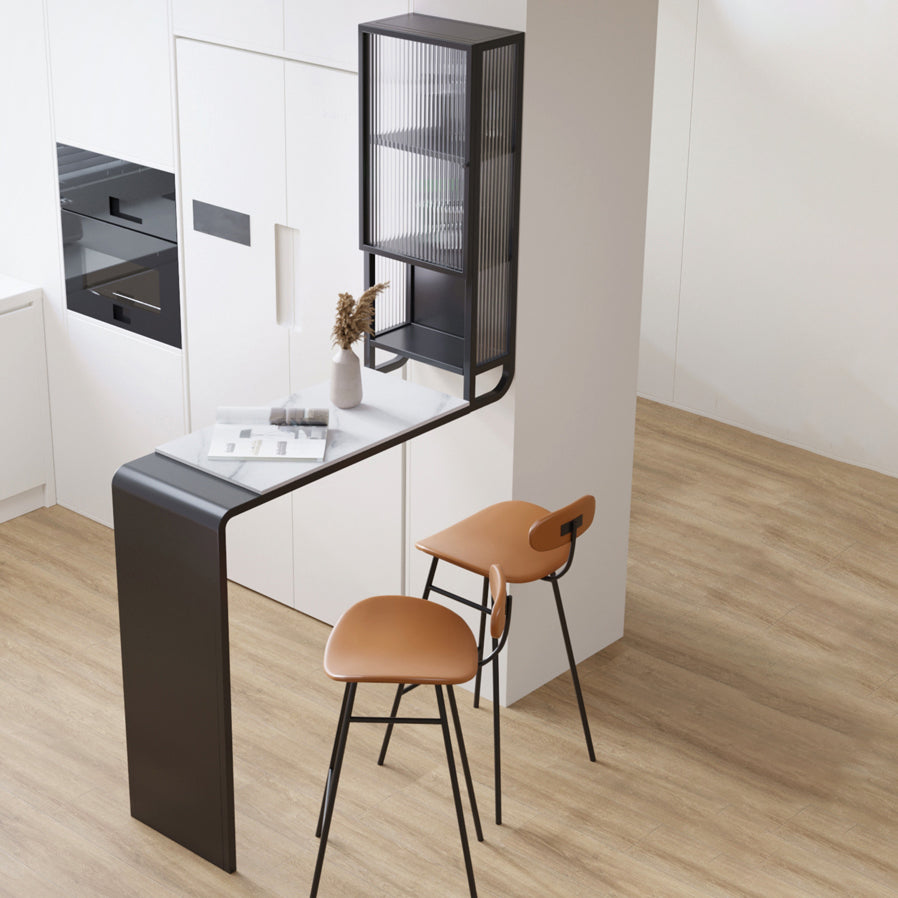 Stone Bar Dining Table Modern Bar Table with Pedestal and Glass Locker for Living Room 61"L x 15.7"W x 80.7"H Black Without Chairs Clearhalo 'Bar Furniture' 'Bar Tables' 'bar_tables' 'furn' 'furn_bar_tables' 'Furniture' 'furniture_bar_tables' 'Kitchen & Dining Furniture' 4946198