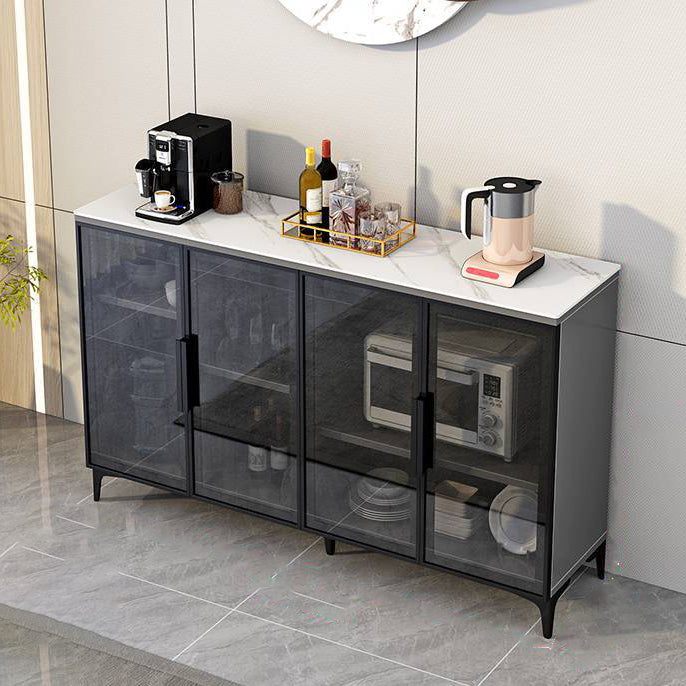 Contemporary Style Buffet Server Glass Doors and Stone Top Kitchen Server for Dining Room White-Gray Clearhalo 'buffet_sideboard' 'Buffets & Sideboards' 'Furniture' 'furniture_buffet_sideboard' 'Kitchen & Dining Furniture' 4948182