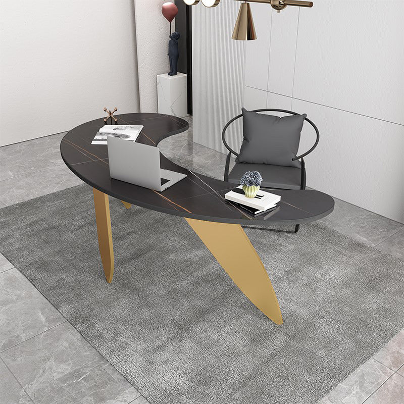 Free Form Contemporary Writing Desk Sintered Stone Pedestal Base Desk Black-Gold Clearhalo 'Furniture' 'furniture_office_desk' 'Office Desks' 'Office Furniture' 'office_desk' 4950582