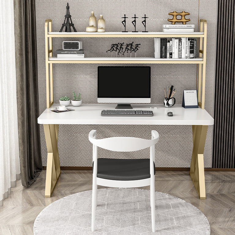 Rectangular Bedroom Desk Modern Style Desk with Solid Wood Top and Metal Legs White 63"L x 23.6"W x 29.5"H Shelves Clearhalo 'Furniture' 'furniture_office_desk' 'Office Desks' 'Office Furniture' 'office_desk' 4950683