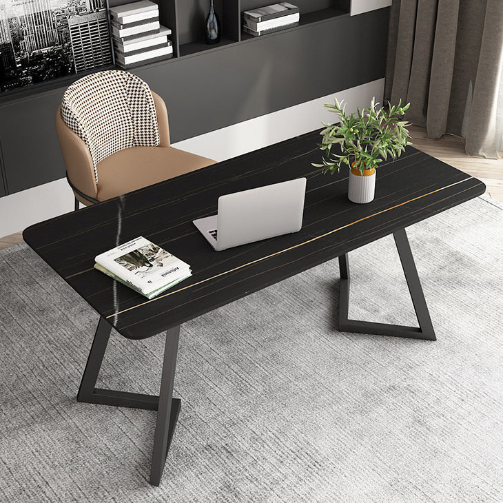 Curved Modern Style Working Table Sintered Stone Writing Table Black 70.9"L x 35.4"W x 29.5"H Clearhalo 'Furniture' 'furniture_office_desk' 'Office Desks' 'Office Furniture' 'office_desk' 4950864