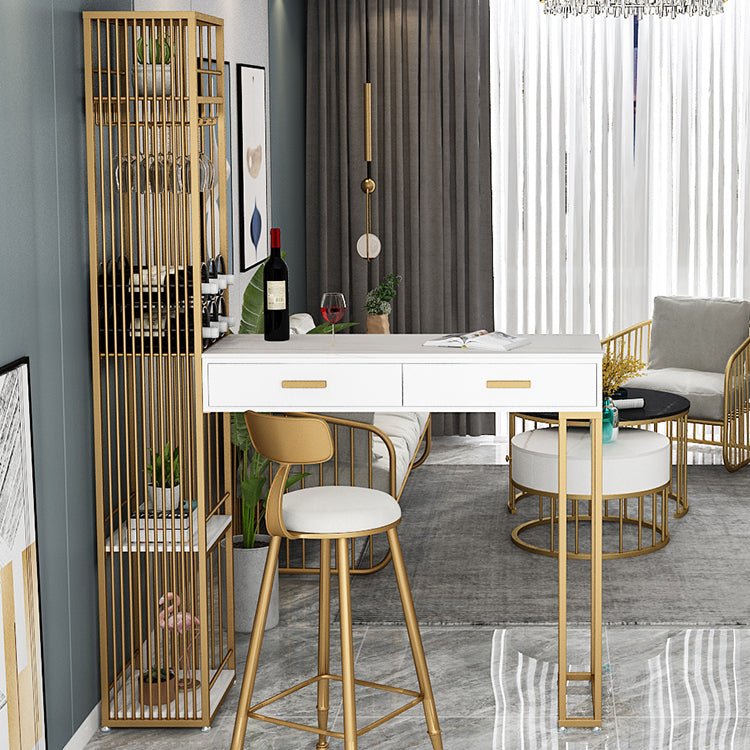 2-Drawer Modern Steel Bar Dining Table White Stone Top Indoor Bistro Table with Wine Rack 51.2"L x 15.7"W x 41.3"H Gold Without Chairs Clearhalo 'Bar Furniture' 'Bar Tables' 'bar_tables' 'furn' 'furn_bar_tables' 'Furniture' 'furniture_bar_tables' 'Kitchen & Dining Furniture' 4952396