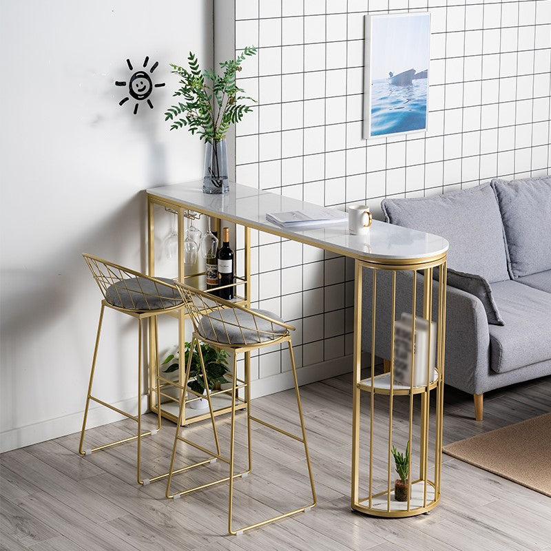 Stone Bar Dining Table Glam Bar Table with Double Pedestal for Dining Room Porch 70.9"L x 15.7"W x 41.3"H Gold Without Chairs Clearhalo 'Bar Furniture' 'Bar Tables' 'bar_tables' 'furn' 'furn_bar_tables' 'Furniture' 'furniture_bar_tables' 'Kitchen & Dining Furniture' 4952411