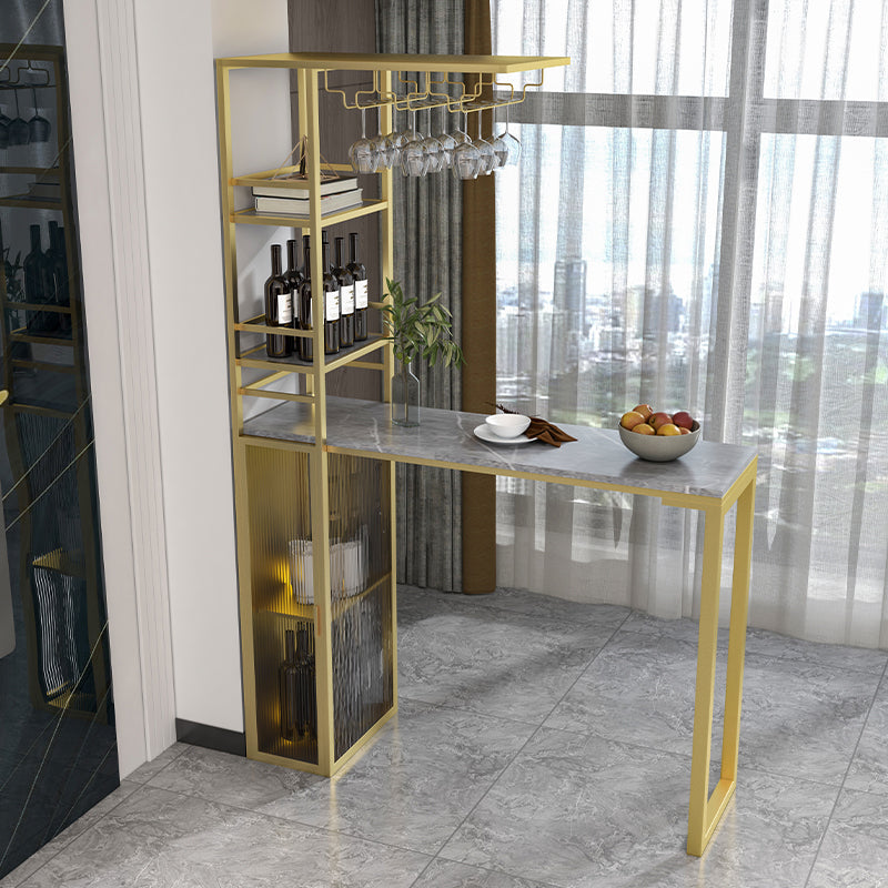 Modern Iron Bistro Table Stone Top Rectangle Indoor Bar Dining Table with Wine Rack 47.2"L x 15.7"W x 41.3"H Gold Gray Clearhalo 'Bar Furniture' 'Bar Tables' 'bar_tables' 'furn' 'furn_bar_tables' 'Furniture' 'furniture_bar_tables' 'Kitchen & Dining Furniture' 4952542