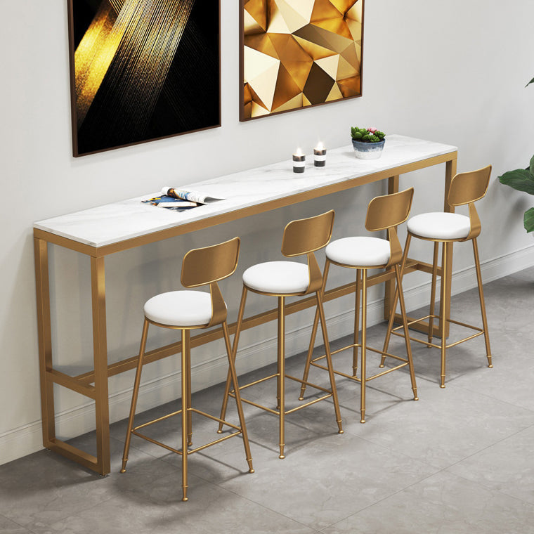 White Stone Bar Table Traditional Luxury Bar Table with Gold Trestle Base 94.5"L x 15.7"W x 41.3"H Without Chairs Clearhalo 'Bar Furniture' 'Bar Tables' 'bar_tables' 'furn' 'furn_bar_tables' 'Furniture' 'furniture_bar_tables' 'Kitchen & Dining Furniture' 4952691