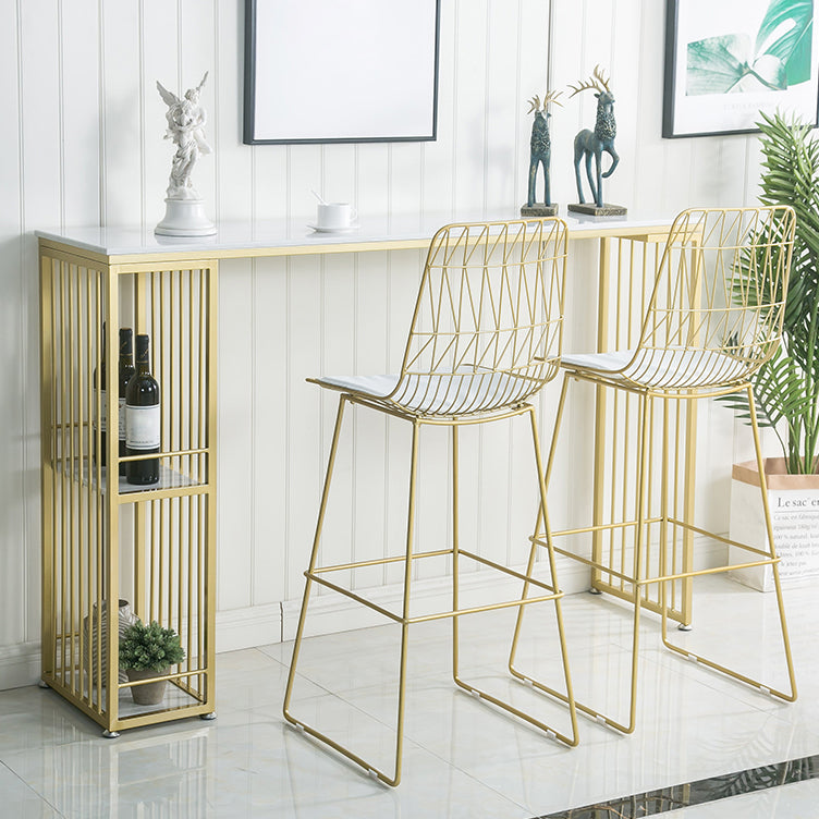 Glam Iron Bar Dining Table White Faux Marble Top Rectangle Indoor Bistro Table with Shelf 70.9"L x 15.7"W x 41.3"H Without Chairs Clearhalo 'Bar Furniture' 'Bar Tables' 'bar_tables' 'furn' 'furn_bar_tables' 'Furniture' 'furniture_bar_tables' 'Kitchen & Dining Furniture' 4952739