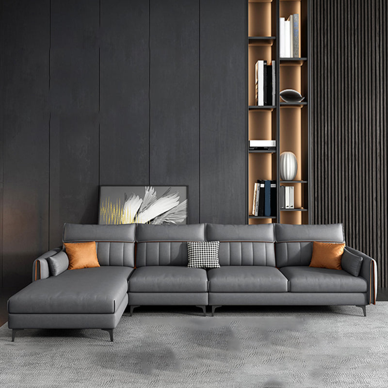 133.85" L x 70.86" W x 37.79" H Faux Leather Pillow Top Arm Sectional, Stain Resistant Dark Gray Latex Clearhalo 'furn' 'furn_sectionals' 'Furniture' 'furniture_sectionals' 'Living Room Furniture' 'Sectionals' 4955900