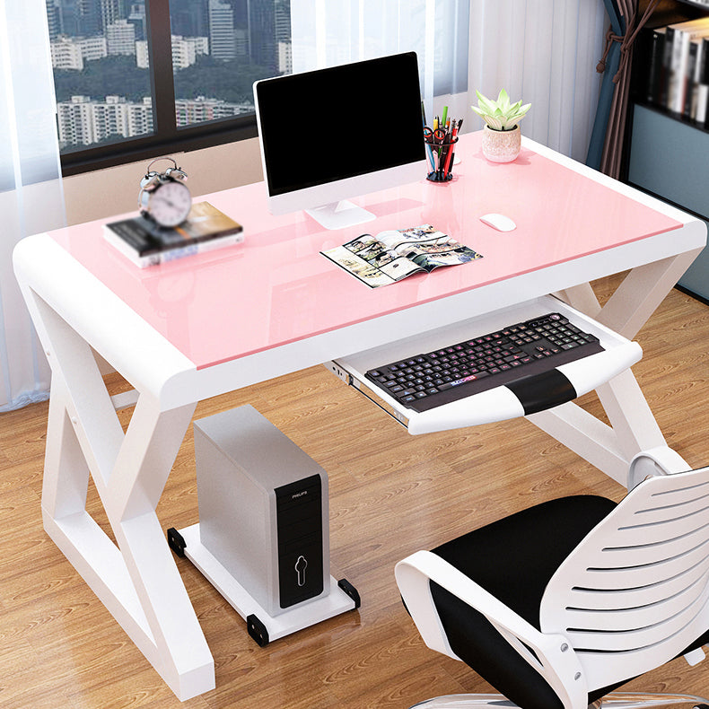 Modern Toughened Glass Computer Desk Rectangular Desk with Keyboard Tray White-Pink Clearhalo 'furn' 'furn_office_desk' 'Furniture' 'furniture_office_desk' 'Office Desks' 'Office Furniture' 'office_desk' 4960781