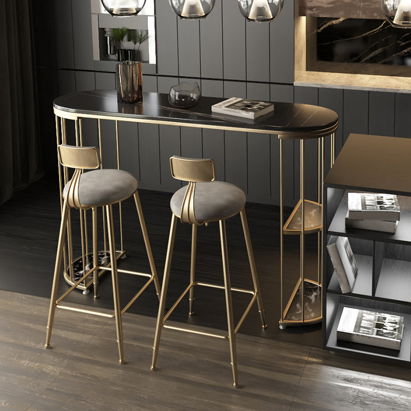 Glam Iron Bar Dining Table Stone Top Oval Indoor Bistro Table with 2-Shelf 70.9"L x 15.7"W x 41.3"H Gold-Black Without Chairs Clearhalo 'Bar Furniture' 'Bar Tables' 'bar_tables' 'furn' 'furn_bar_tables' 'Furniture' 'furniture_bar_tables' 'Kitchen & Dining Furniture' 4961045