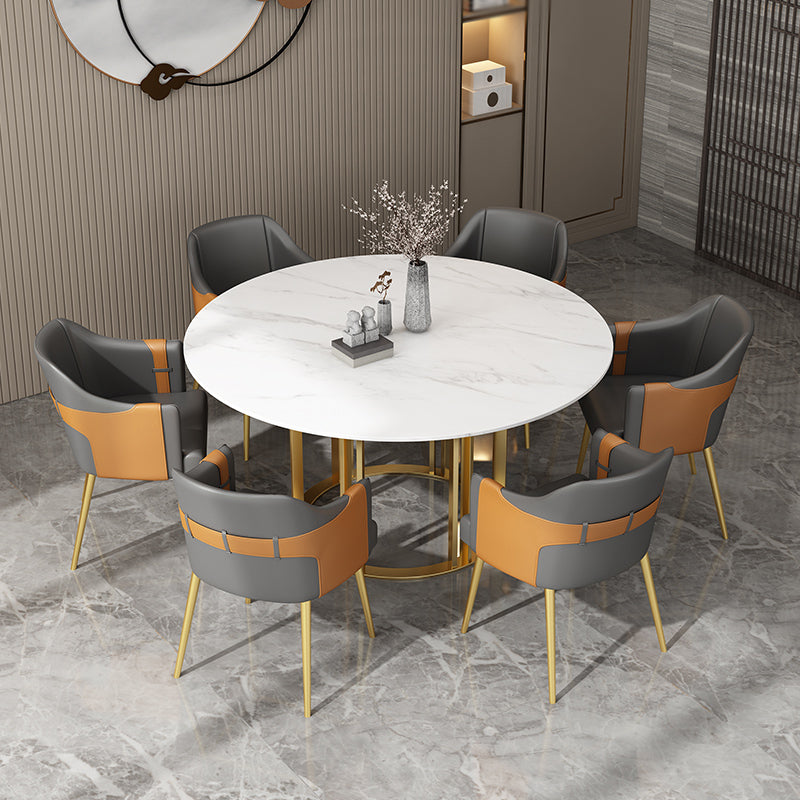 Glam 1/7 Pieces Dining Set Round Stone Dining Table for Kitchen 7 Pieces: Table, 6 Grey Chairs Clearhalo 'Dining Room Sets' 'Dining Tables & Seating' 'dining_room_set' 'furn' 'furn_dining_room_set' 'Furniture' 'furniture_dining_room_set' 'Kitchen & Dining Furniture' 4962096