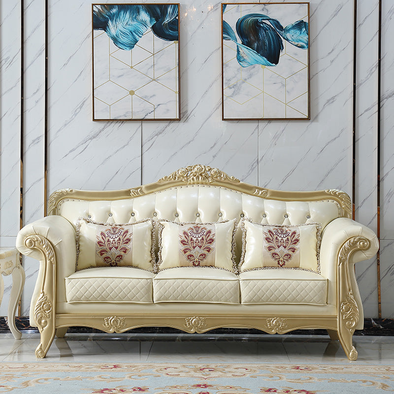 Ornate Traditional Tufted Split-Back Microfiber Sofa 43.31"High Flared Arm Sofa Light Beige Clearhalo 'furn' 'furn_sofas' 'Furniture' 'furniture_sofas' 'Living Room Furniture' 'Sofa' 'sofas' 4963753