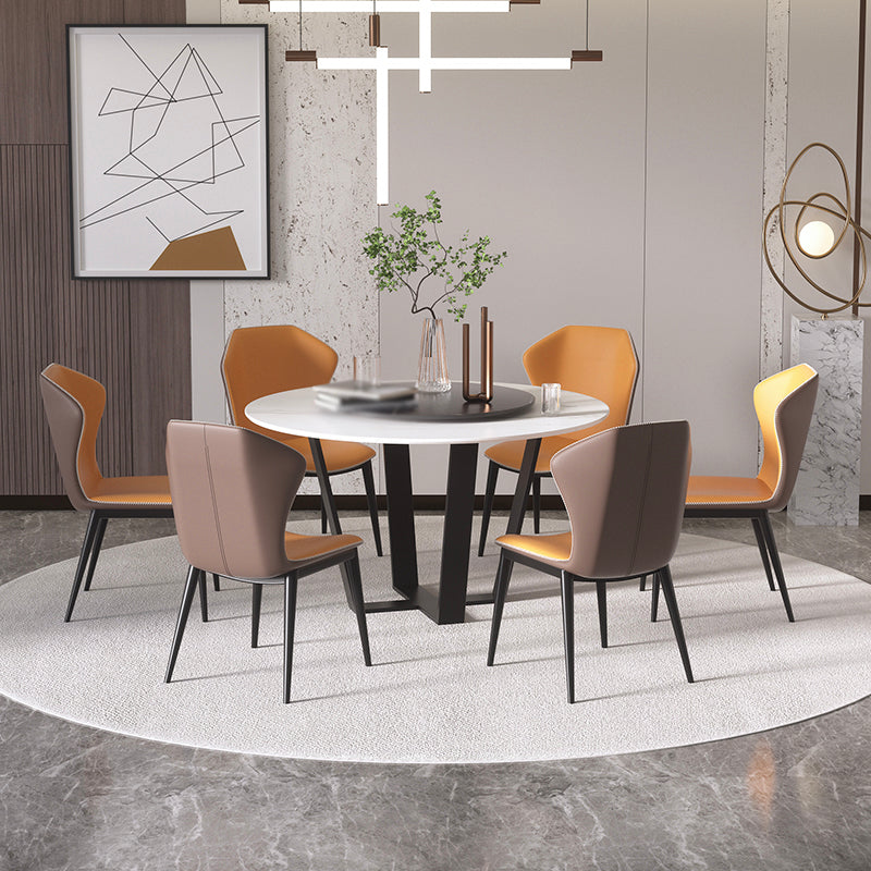 Modern 1/2/5/7 Pieces Dining Set Round Stone Dining Table for Dining Room 7 Pieces: White-Black Table, 6 Orange Chairs Clearhalo 'Dining Room Sets' 'Dining Tables & Seating' 'dining_room_set' 'furn' 'furn_dining_room_set' 'Furniture' 'furniture_dining_room_set' 'Kitchen & Dining Furniture' 4965419