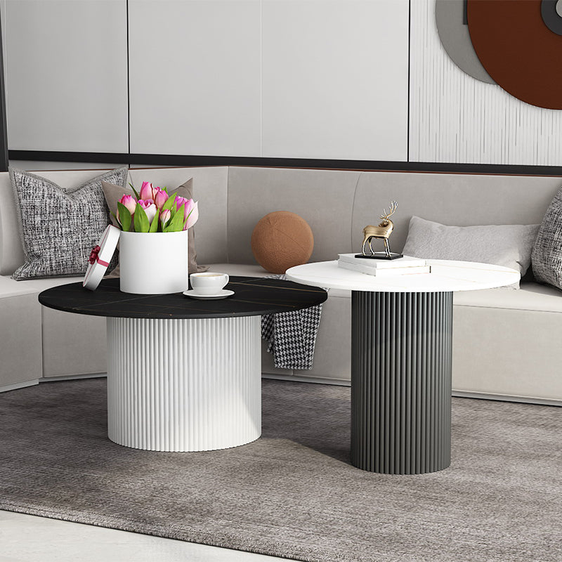 Round White Slate Coffee Table Pedestal 2 Nesting Coffee Table Set 31.5"L x 31.5"W x 16"H + 24"L x 24"W x 20"H White White Black Clearhalo 'Coffee & Accent Tables' 'Coffee Tables' 'coffee_tables' 'furn' 'furn_coffee_tables' 'Furniture' 'furniture_coffee_tables' 'Living Room Furniture' 4971456