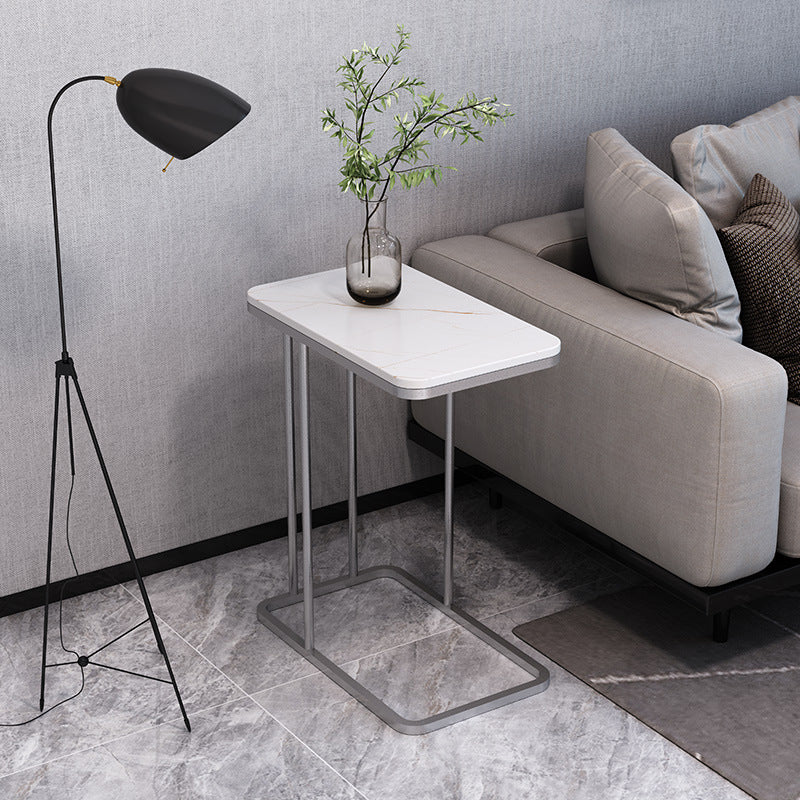 Mid-Century Modern Stone End Table 23.62" H Rectangular Frame Side Table Silver White Gold Clearhalo 'Coffee & Accent Tables' 'End & Side Tables' 'end_side_table' 'end_side_tables' 'furn' 'furn_end_side_tables' 'Furniture' 'furniture_end_side_table' 'Living Room Furniture' 4972406