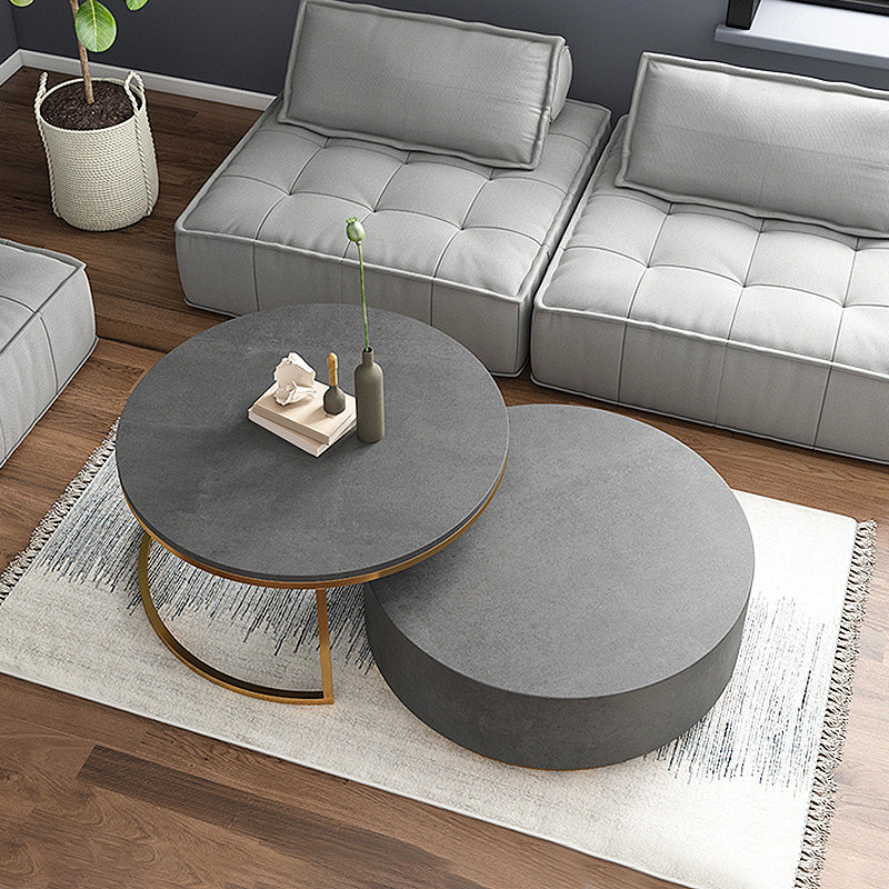 Drum Base Design Black/grey Faux Concrete Top Metal Base Round Coffee Table 37"L x 37"W x 18"H Black-Gold Clearhalo 'Coffee & Accent Tables' 'Coffee Tables' 'coffee_tables' 'furn' 'furn_coffee_tables' 'Furniture' 'Living Room Furniture' 4972657_4cec4b45-769c-46c1-9dee-e2f73027f5c2