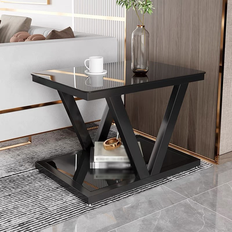 Square Block Base Metal Frame Black/white Tempered Glass Rectangular Coffee Table Black Black Clearhalo 'Coffee & Accent Tables' 'Coffee Tables' 'coffee_tables' 'furn' 'furn_coffee_tables' 'Furniture' 'furniture_coffee_tables' 'Living Room Furniture' 4972961
