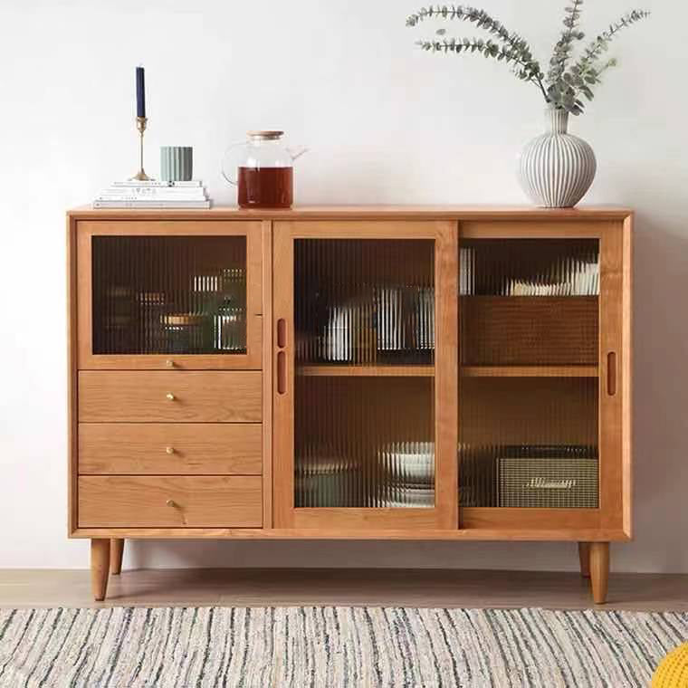 3-Drawer Pine Wood Sideboard Modern Glass Sliding Door Cabinets Credenza for Living Room Cherry Wood Clearhalo 'buffet_sideboard' 'Buffets & Sideboards' 'furn' 'furn_buffet_sideboard' 'Furniture' 'furniture_buffet_sideboard' 'Kitchen & Dining Furniture' 4974793