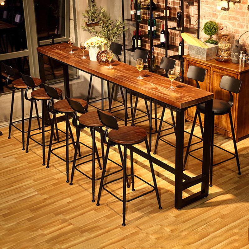 Brown Trestle Industrial Cocktail Bar Table Rectangle Footrest Indoor Bar Wine Table 94.5"L x 15.7"W x 41.3"H Without Chairs Clearhalo 'Bar Furniture' 'Bar Tables' 'bar_tables' 'furn' 'furn_bar_tables' 'Furniture' 'furniture_bar_tables' 'Kitchen & Dining Furniture' 4976691