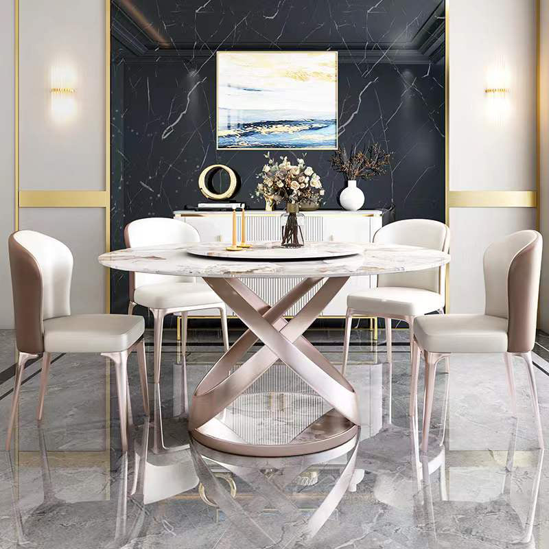 Modern Round Drop-leaf Table Stone with Metal Base Pedestal Dining Table Pandora Gold 53.1"L x 53.1"W x 29.5"H Without Chairs Clearhalo 'Dining Tables & Seating' 'Dining Tables' 'dining_table' 'furn' 'furn_dining_table' 'Furniture' 'furniture_dining_table' 'Kitchen & Dining Furniture' 'kitchen' 'kitchen_dining_table' 4978025