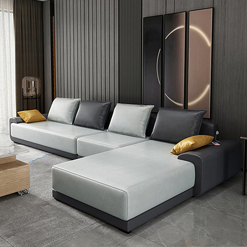 L-Shape Pillowed Back Cushions Pillow Top Arm Sectional with Slipcovered Gray-White Clearhalo 'furn' 'furn_sectionals' 'Furniture' 'furniture_sectionals' 'Living Room Furniture' 'Sectionals' 4981978