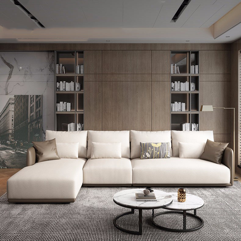 Square Arm Modular Settee Furniture Loveseat with Pillows Ivory Sofa and Chaise 142"L x 71"W x 31.5"H Clearhalo 'furn' 'furn_sectionals' 'Furniture' 'furniture_sectionals' 'Living Room Furniture' 'Sectionals' 4982030