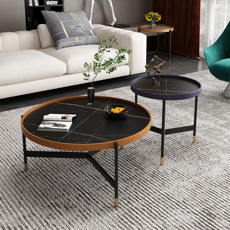 3 poten basisontwerp zwart metalen basis leisteen bovenste ronde salontafel