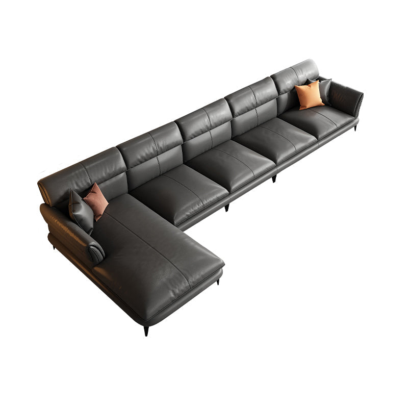 Dark Gray Genuine Leather Pillow Top Arm Modern Sofa/Sectional for Apartment 153.5"L x 67"W x 33"H Clearhalo 'furn' 'furn_sectionals' 'Furniture' 'furniture_sectionals' 'Living Room Furniture' 'Sectionals' 4982986