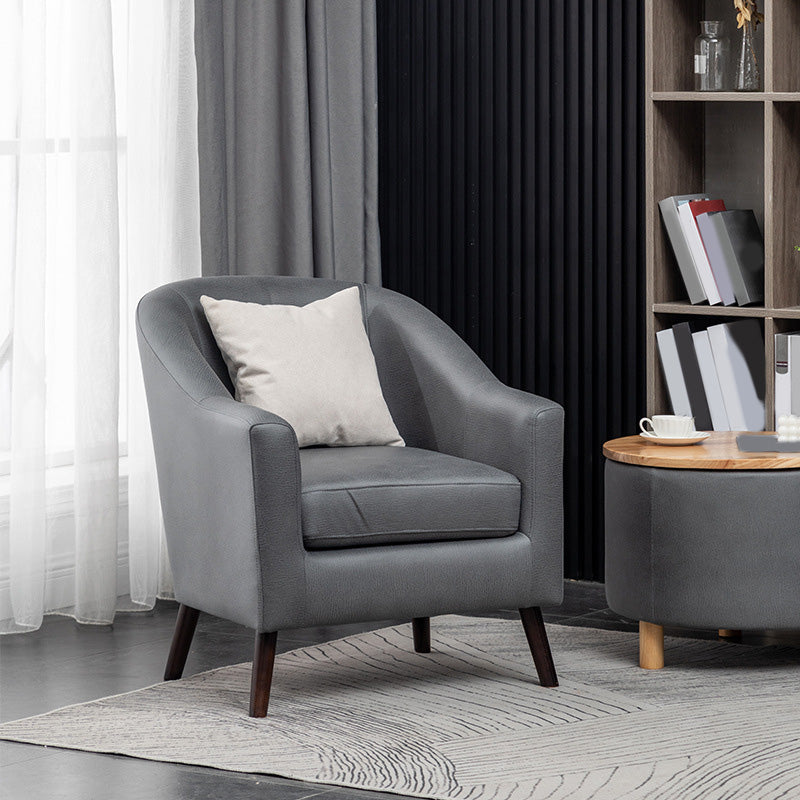 26.77" L * 27.55" W * 32.67" H Bonded Leather Barrel Accent Chair Sloped Arms Barrel Chair Silver Gray Clearhalo 'Accent Chairs' 'accent_chairs' 'Chairs & Seating' 'furn' 'furn_accent_chairs' 'Furniture' 'furniture_accent_chairs' 'Living Room Furniture' 4993951