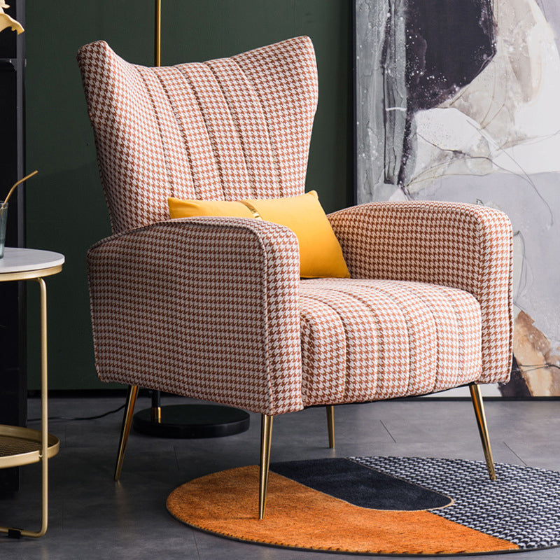 Scandinavian Accent Chair Velvet Wingback Chair with Sewn Pillow Back and Basic Four Legs Orange Houndstooth Clearhalo 'Accent Chairs' 'accent_chairs' 'Chairs & Seating' 'furn' 'furn_accent_chairs' 'Furniture' 'furniture_accent_chairs' 'Living Room Furniture' 4994241