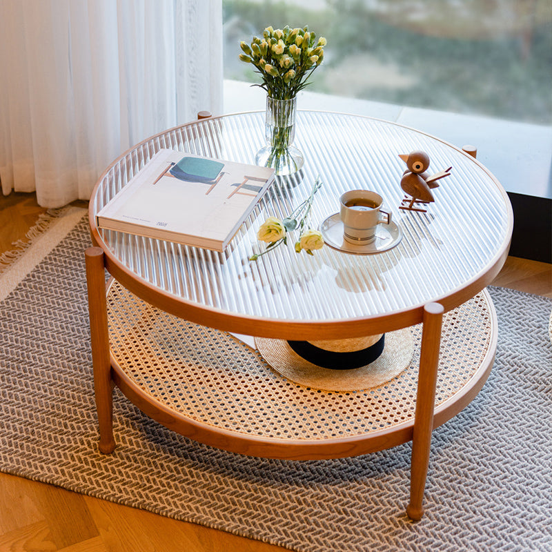 Modern Wood 4 Legs 1 Coffee Table with Shelf Round Glass Table 31.5"L x 31.5"W x 17.7"H Walnut Clearhalo 'Coffee & Accent Tables' 'Coffee Tables' 'coffee_tables' 'furn' 'furn_coffee_tables' 'Furniture' 'furniture_coffee_tables' 'Living Room Furniture' 5001923