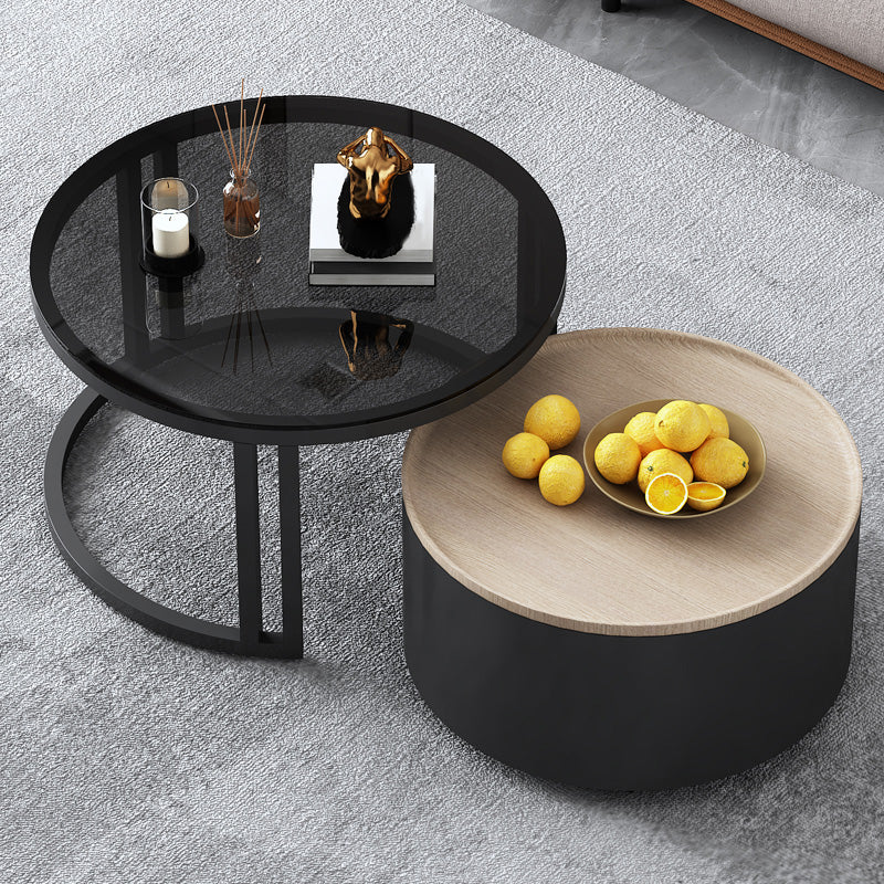 Modern Style Wooden&tempered Glass Top Circular Nested Coffee Table 28"L x 28"W x 17"H + 20"L x 20"W x 12"H Black Natural Clearhalo 'Coffee & Accent Tables' 'Coffee Tables' 'coffee_tables' 'furn' 'furn_coffee_tables' 'Furniture' 'furniture_coffee_tables' 'Living Room Furniture' 5002011