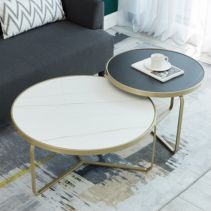 Modern Style Slate Top White/black Metal Craft Round Coffee Table 28"L x 28"W x 14"H + 20"L x 20"W x 18"H Gold White Black Clearhalo 'Coffee & Accent Tables' 'Coffee Tables' 'coffee_tables' 'furn' 'furn_coffee_tables' 'Furniture' 'Living Room Furniture' 5002032_d03cb305-b8ff-4bf2-824f-524be949bce6