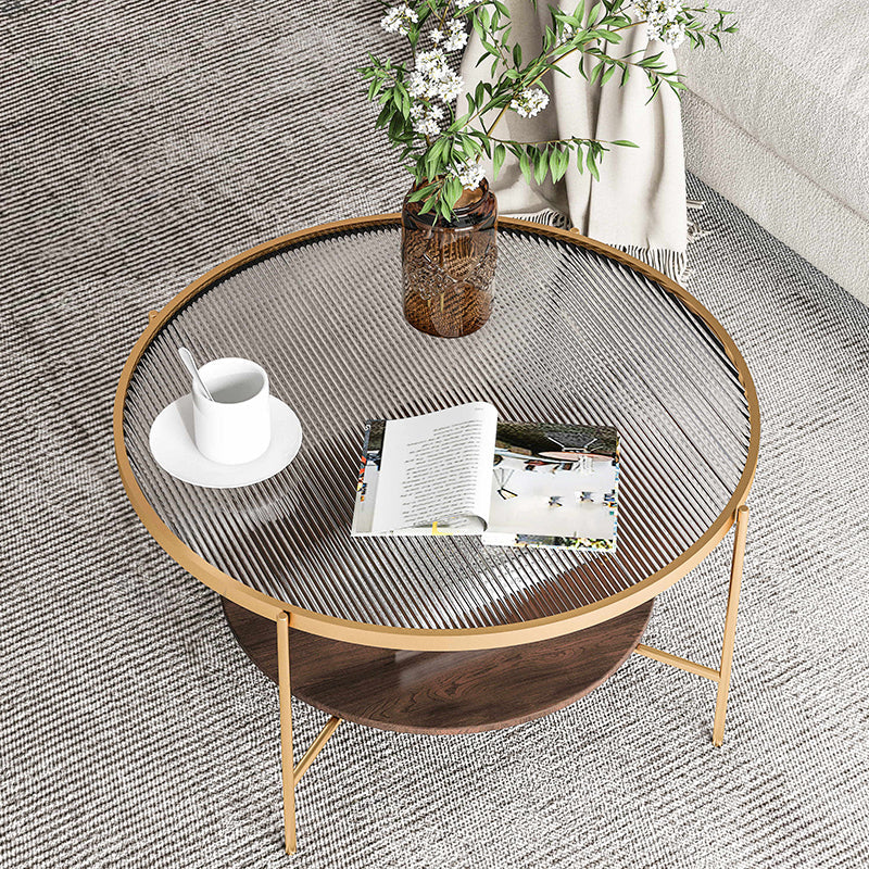 Gold/Black Metal 4 Legs 1 Coffee Table Modern Glass Top Table Walnut Gold Clearhalo 'Coffee & Accent Tables' 'Coffee Tables' 'coffee_tables' 'furn' 'furn_coffee_tables' 'Furniture' 'furniture_coffee_tables' 'Living Room Furniture' 5002056