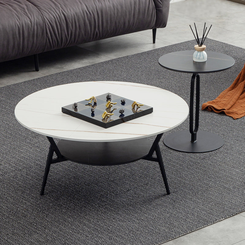 Modern Slate Trestle Coffee Table with Storage Round Cocktail Table in Grey 35.5"L x 35.5"W x 16.5"H + 20"L x 20"W x 20.5"H Clearhalo 'Coffee & Accent Tables' 'Coffee Tables' 'coffee_tables' 'furn' 'furn_coffee_tables' 'Furniture' 'furniture_coffee_tables' 'Living Room Furniture' 5002152