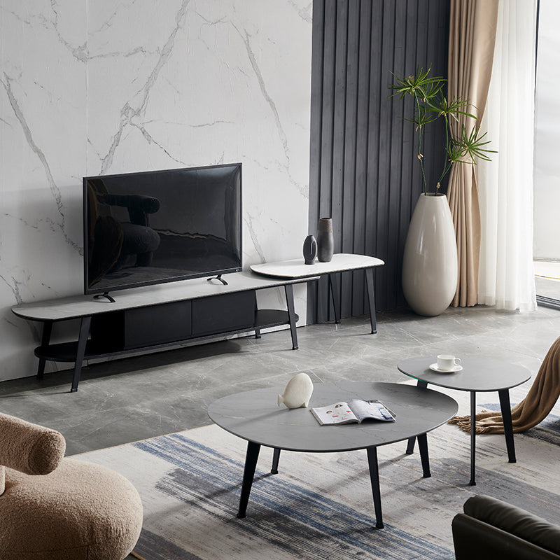 Contemporary White/Grey Free Shape Coffee Table with Metal Base 39.5"L x 31.5"W x 16"H + 24"L x 20"W x 18"H Gray Clearhalo 'Coffee & Accent Tables' 'Coffee Tables' 'coffee_tables' 'furn' 'furn_coffee_tables' 'Furniture' 'furniture_coffee_tables' 'Living Room Furniture' 5002312