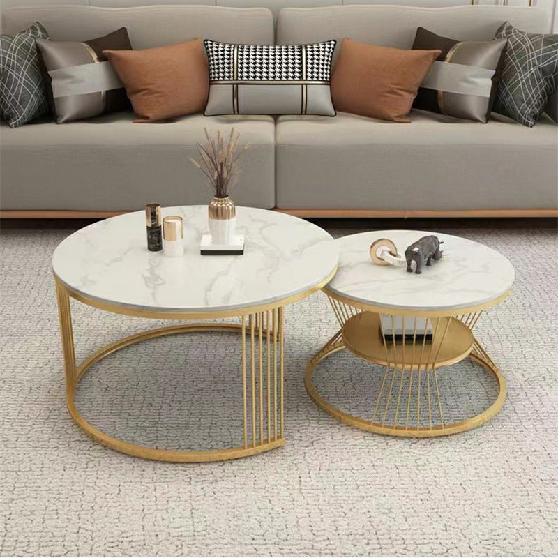 Round White Slate Coffee Table with Shelf Frame Base 2 Nestling Cocktail Table Gold Gloss White Clearhalo 'Coffee & Accent Tables' 'Coffee Tables' 'coffee_tables' 'furn' 'furn_coffee_tables' 'Furniture' 'furniture_coffee_tables' 'Living Room Furniture' 5002379