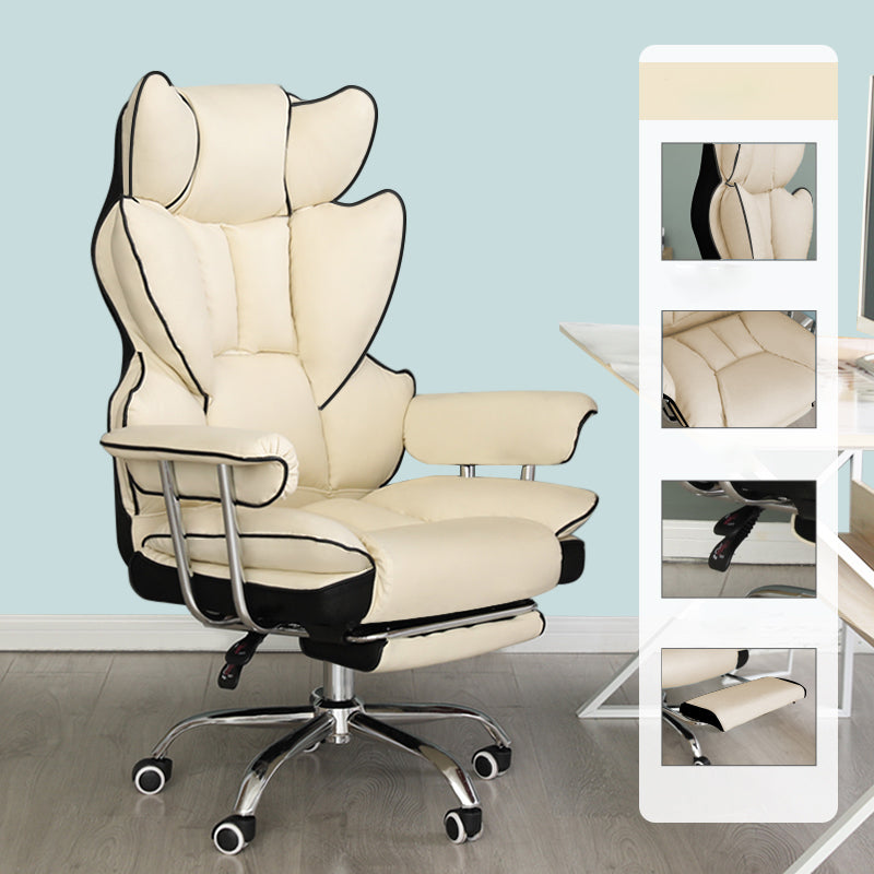 Silver Metal Modern Desk Chair with High Back Leather Conference Chair Beige With Footrest Clearhalo 'furn' 'furn_office_chair' 'Furniture' 'furniture_office_chair' 'Office Chairs' 'Office Furniture' 'office_chair' 5010352