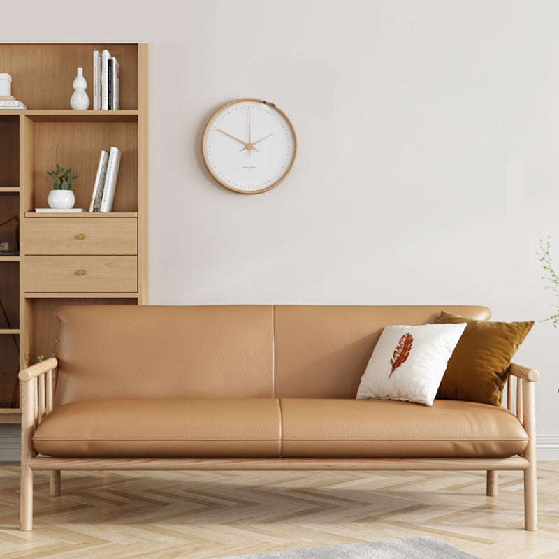 Faux Leather Modern Sofa Round Arm 28.7 "W Sofa with Bolster Pillows 65''L x29"W x 30"H Brown Natural Wood Clearhalo 'furn' 'furn_sofas' 'Furniture' 'furniture_sofas' 'Living Room Furniture' 'Sofa' 'sofas' 5021472