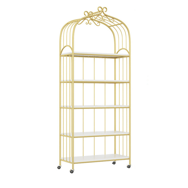 Gold Vertical Bookshelf Iron Frame Solid Wood Shelf Bookcase with Caster Wheels 31.5"L x 13.8"W x 70.9"H Clearhalo 'Bookcases' 'furn' 'furn_bookcases' 'Furniture' 'furniture_bookcases' 'Office Furniture' 5021794
