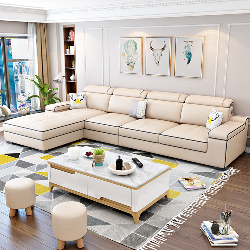 Vintage 4-seat Linen/Faux Leather Sofa Pillow Top Arm Sofa for Living Room Beige Latex Clearhalo 'furn' 'furn_sectionals' 'Furniture' 'furniture_sectionals' 'Living Room Furniture' 'Sectionals' 5022646