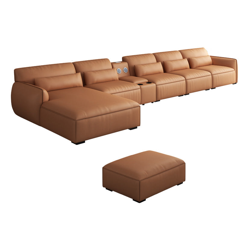 Scandinavian Tan Faux Leather Straight Arm Sofa/Sectionals with Stain-Resistant 177"L x 71"W x 29.5"H With Ottoman Clearhalo 'furn' 'furn_sectionals' 'Furniture' 'furniture_sectionals' 'Living Room Furniture' 'Sectionals' 5022747
