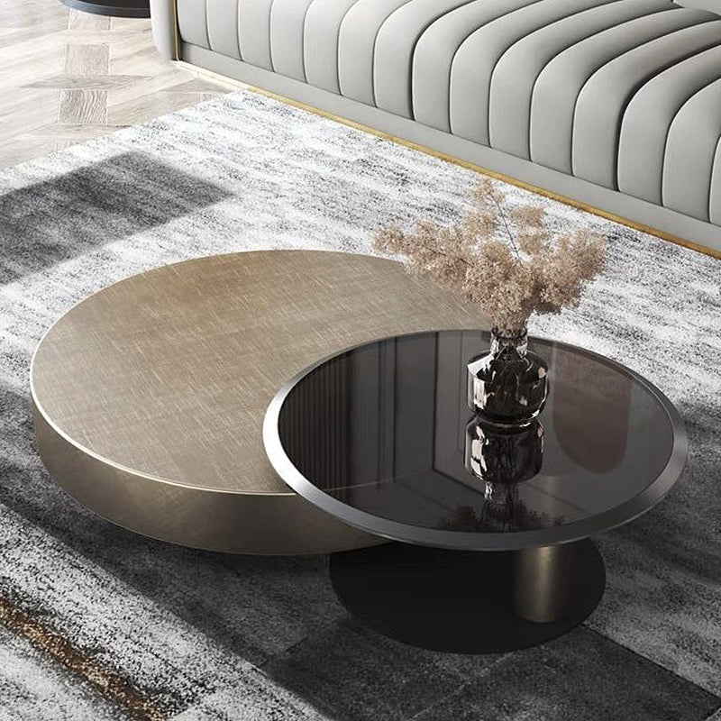 Block Base Design Cocktail Table Gold Metal Top Black Base Round Coffee Table 39.5"L x 39.5"W x 12.5"H + 25.5"L x 25.5"W x 16"H Clearhalo 'Coffee & Accent Tables' 'Coffee Tables' 'coffee_tables' 'furn' 'furn_coffee_tables' 'Furniture' 'furniture_coffee_tables' 'Living Room Furniture' 5023029