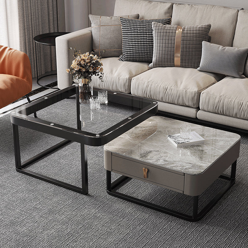 Coffee Table with a Black Frame Base Made of Glass and Rock Sheet and a Square Top Gray Clearhalo 'Coffee & Accent Tables' 'Coffee Tables' 'coffee_tables' 'furn' 'furn_coffee_tables' 'Furniture' 'furniture_coffee_tables' 'Living Room Furniture' 5028231