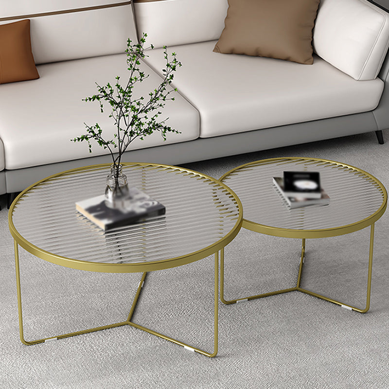 Trestle 2 Nesting Coffee Table Modern Tempered Glass 18'' Coffee Table Set 31.5"L x 31.5"W x 18"H + 23.5"L x 23.5"W x 15.5"H Gold Clear Clearhalo 'Coffee & Accent Tables' 'Coffee Tables' 'coffee_tables' 'furn' 'furn_coffee_tables' 'Furniture' 'furniture_coffee_tables' 'Living Room Furniture' 5028243