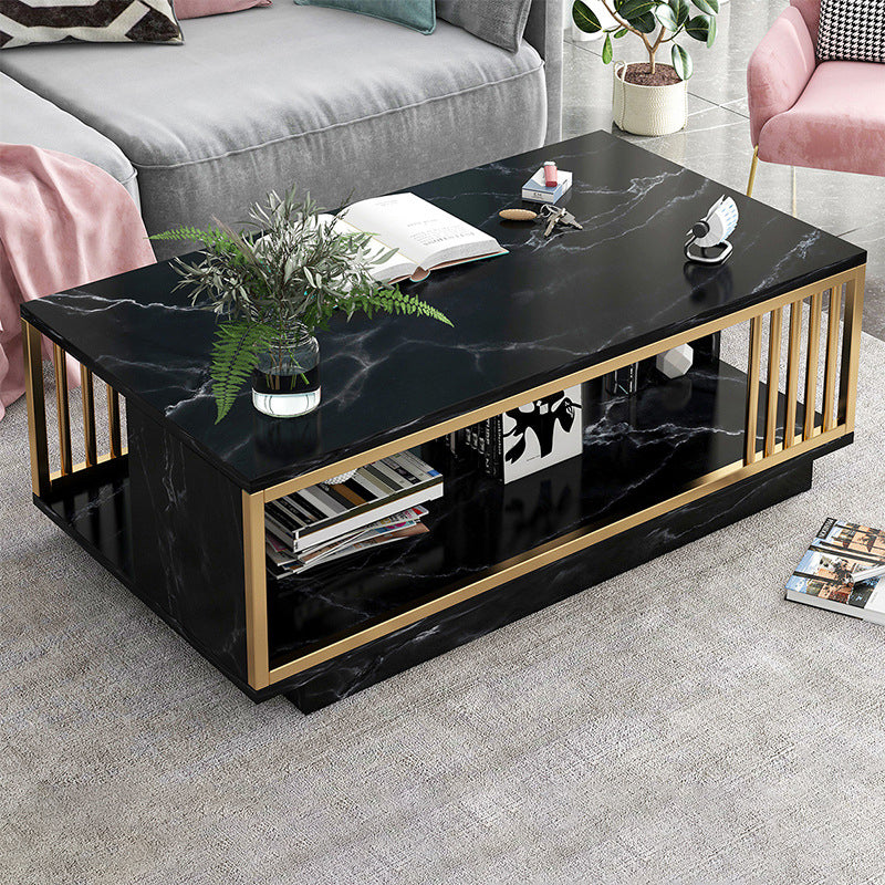 Modern Metal Marble Coffee Table Rectangle Cocktail Table with Shelf 47"L x 24"W x 16.5"H Block Black Clearhalo 'Coffee & Accent Tables' 'Coffee Tables' 'coffee_tables' 'furn' 'furn_coffee_tables' 'Furniture' 'furniture_coffee_tables' 'Living Room Furniture' 5028353