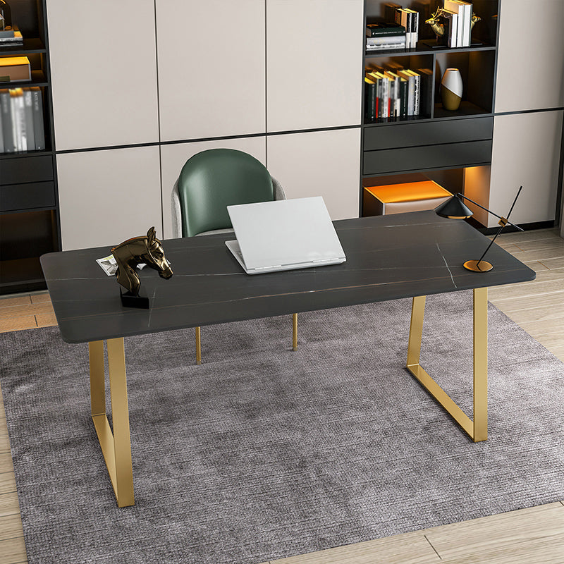Glam Style Stone Writing Desk Rectangular Sled Base Writing Desk 63"L x 31.5"W x 29.5"H Black-Gold Clearhalo 'furn' 'furn_office_desk' 'Furniture' 'furniture_office_desk' 'Office Desks' 'Office Furniture' 'office_desk' 5029959