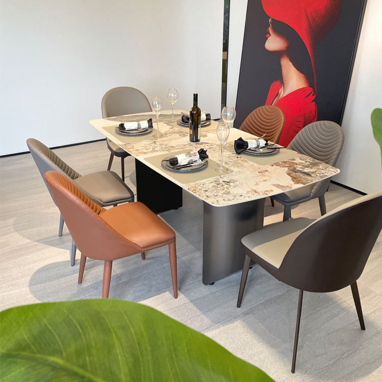 Modern Style Sintered Stone Dining Table Set 1/2/3/4/5/6/7 Pieces Dining Set 7 Pieces: Table, 4 Grey+2 Orange Chairs Clearhalo 'Dining Room Sets' 'Dining Tables & Seating' 'dining_room_set' 'furn' 'furn_dining_room_set' 'Furniture' 'furniture_dining_room_set' 'Kitchen & Dining Furniture' 5042964