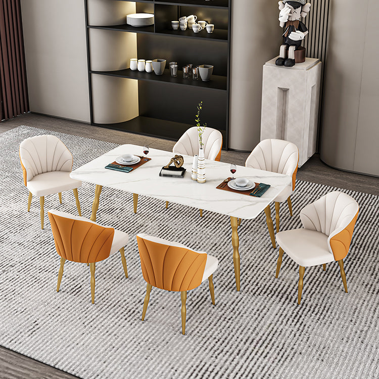 Glam Iron Dinette Set 1/2/5/7 Pieces Rectangle Sintered Stone Top Dining Table Set 7 Pieces: Table, 6 Orange Chairs Clearhalo 'Dining Room Sets' 'Dining Tables & Seating' 'dining_room_set' 'furn' 'furn_dining_room_set' 'Furniture' 'furniture_dining_room_set' 'Kitchen & Dining Furniture' 5043053